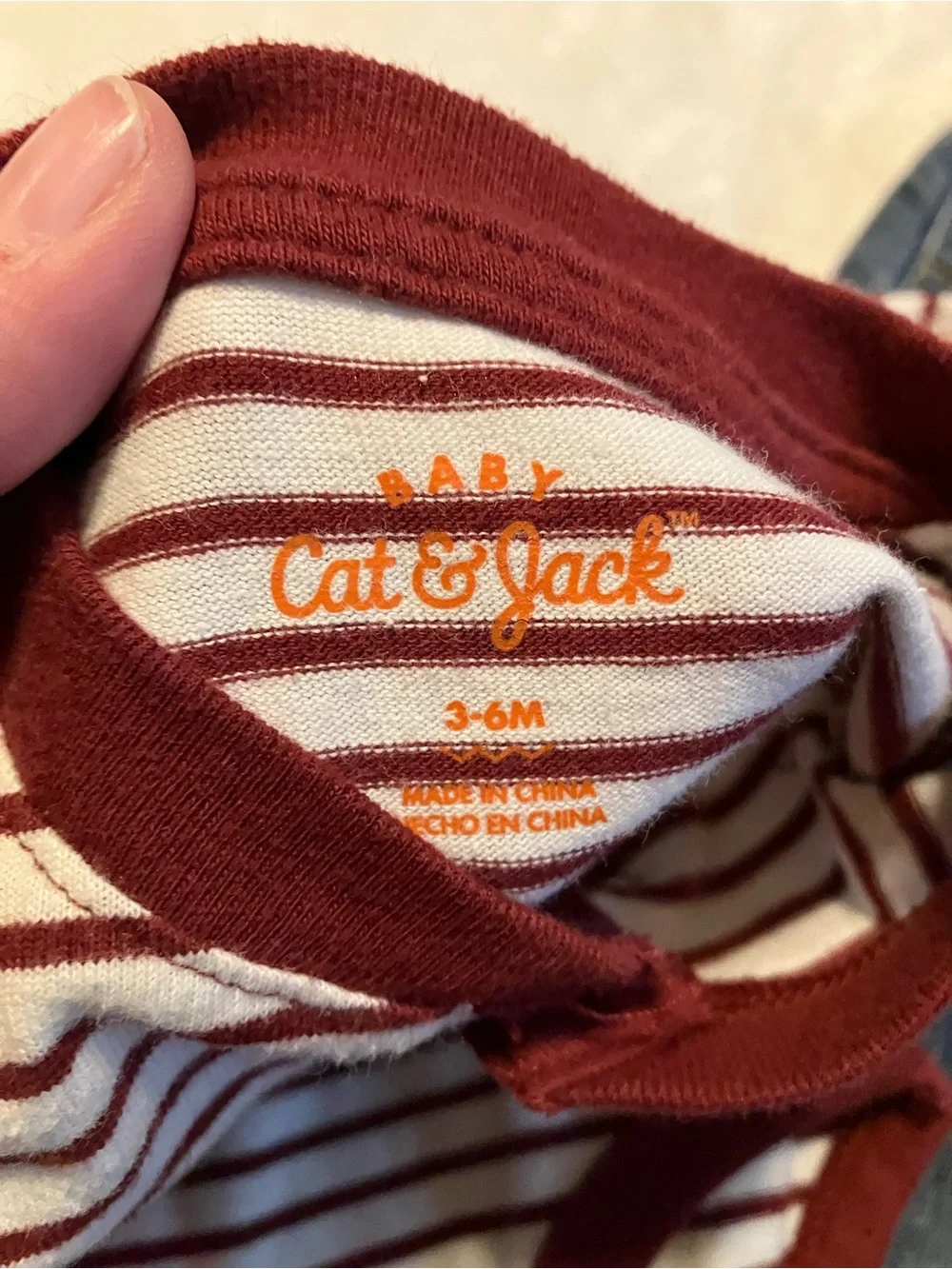 Burgundy and White Striped Bodysuit with Denim Pants
